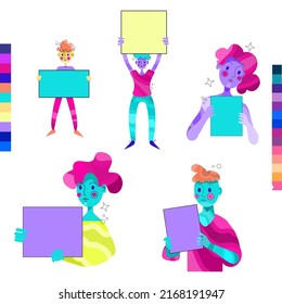 Set with people holding blank board. Put your own text. Vector illustration. 