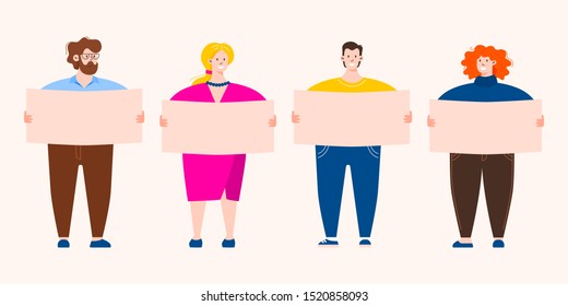 Set of people holding blank signs. Flat style vector illustration.