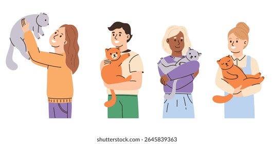 Set of people holding cats. Happy women and men holding their pets. Flat vector illustration.