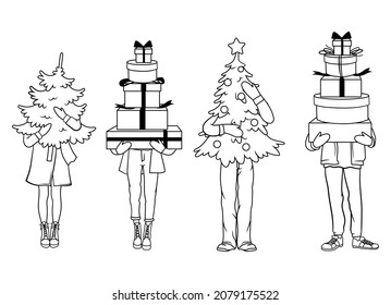 Set of people holding a Christmas tree and gifts. Collection of human feet peeking out from under the tree. Vector illustration for a postcard or a poster. 
