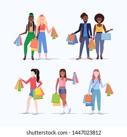 set people holding colorful paper bags diverse race men women with purchases big sale shopping concept collection flat full length