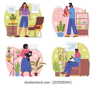 Set of people holding cute cats. Young male and female owners of small fluffy kittens. Characters take care of their pets and hug them. Cartoon flat vector collection isolated on white background