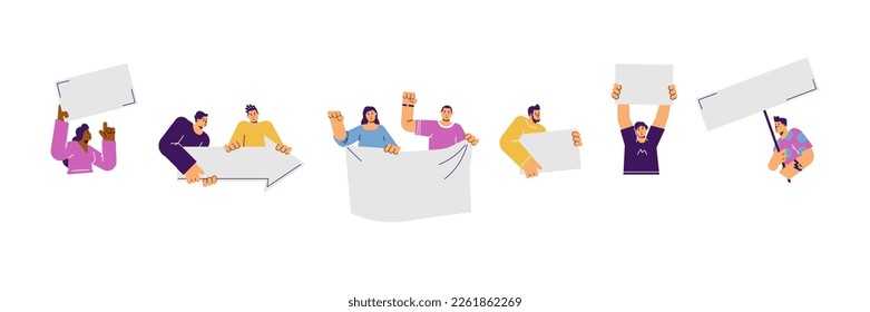 Conjunto de personas con diferentes formas que muestran signos de estilo plano, ilustración vectorial aislada en fondo blanco. Copiar espacio para texto, luchar por la derecha, colección de elementos de diseño