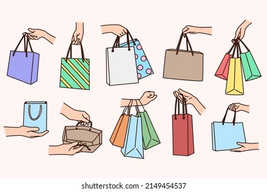 Set of people holding diverse shopping bags buying goods and clothes. Collection of persons with handful of packages or presents. Celebration and gift parcel. Vector illustration. 