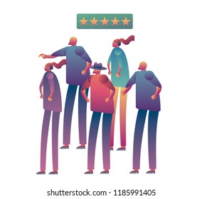 Set of people holding five star rating. Happy customer leave positive feedback. Isolated flat vector illustration
