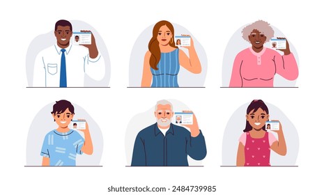 Set of people holding ID card. Happy men, women and children show document with personal data to confirm and verify identity. Flat vector illustration collection isolated on white background