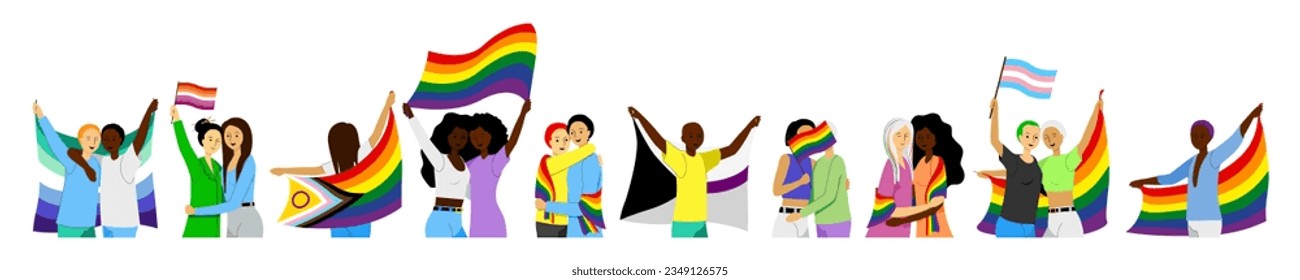 Set of people holding LGBTQ flags during pride month and support equality and rights