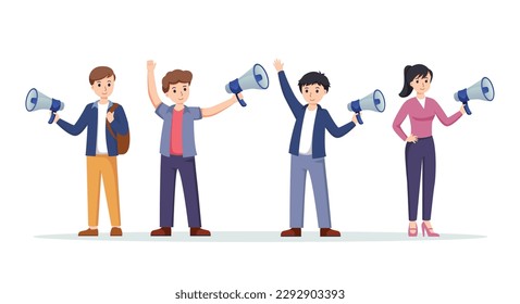 set of people holding megaphone. media marketing vector illustration