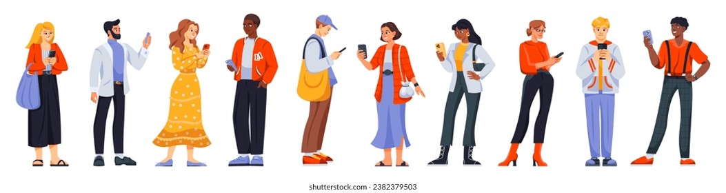 Set of people holding mobile phones. Men and women use smartphones for online communication, calling and photography. Modern devices and gadgets. Cartoon flat vector collection isolated on white