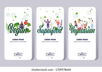 set people holding nuts fruits vegetables and plant based milk healthy lifestyle vegetarian concept smartphone screens collection mobile app full length copy space horizontal vector illustration