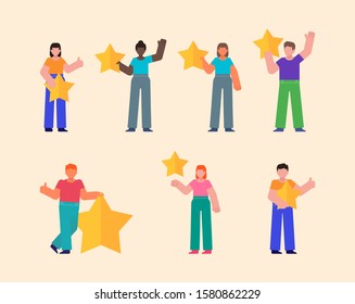 Set of people holding rating stars. Web vote or review. Flat design vector illustration