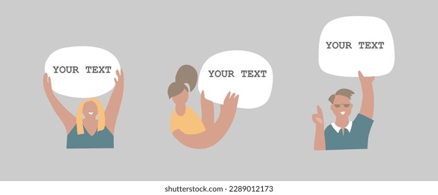 Establece a las personas que tienen una hoja de papel editable, con un cartel blanco en blanco. Concepto de aviso, notificación de contrato, anuncio, cartel. Ilustración vectorial de diseño moderno de estilo plano