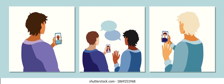 Set of people holding a smartphone. Hand drawn illustration in modern, trendy colors. Online communication on social network and media, instant communication concept, vector illustration.