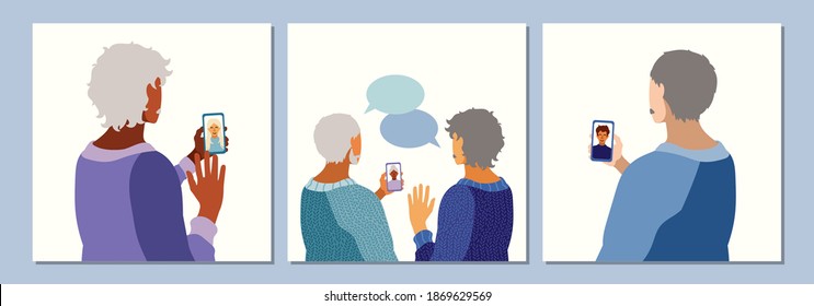 Set of people holding a smartphone. Hand drawn illustration in modern, trendy colors. Online communication on social network and media, instant communication concept, vector illustration.