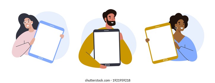 Set of people holding tablets with blank screens. Colorful vector illustration.