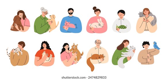 Set of people holding their pets. Happy domestic animal owners. Pet lowers concept. Flat vector illustration isolated on a white background.