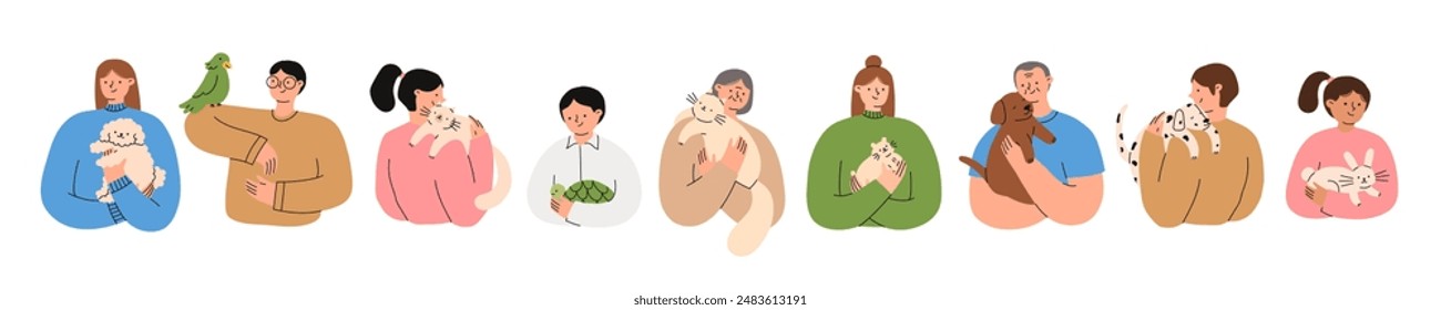 Conjunto de personas que sostienen a sus mascotas. Felices dueños de animales domésticos. Concepto de mascotas bajas. Ilustración vectorial plana aislada sobre un fondo blanco.