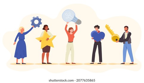 Set of people holding various objects together. People holding big heart, light bulb, star, gear and key on pastel background. Flat cartoon vector illustration