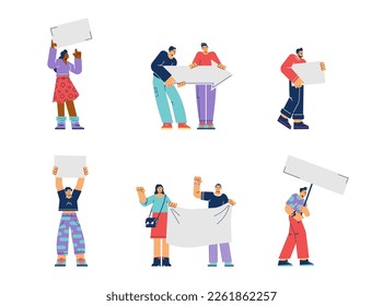 Set of people holding various signs with copy space for text flat style, vector illustration isolated on white background. Advertising and marketing, protest and demonstration