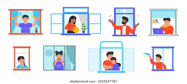 Set of People in home near window. Men, women and children play sports, sing, play, work or drink hot coffee. Spend time in apartment. Cartoon flat vector collection isolated on white background