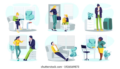 Set of people at home scenes. Family members spending time at home. Men and women working online, relaxing, communicating, e-learning flat vector illustration