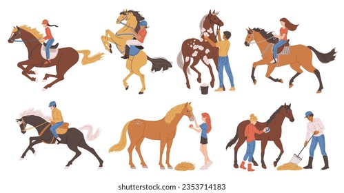 Set of people and horses flat style, vector illustration isolated on white background. Decorative design elements collection, boys and girls on horsebacks. People caring for horses, feeding, cleaning