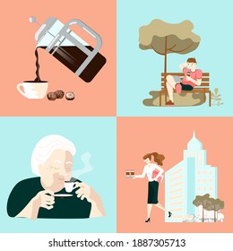 Set of people with hot beverage isolated. Collection of people walking, sitting at cafe table or at home and drinking coffee. Flat art vector illustration.