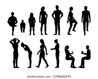 set of people in house side view silhouettes, family lifestyle in residential area. black shadow illustration.