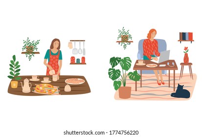 Set of people in the house who are engaged in household chores, freelance work. A woman at home makes tea and pizza, works on the computer. Flat cartoon colorful vector illustration