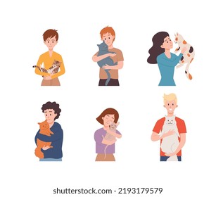 Set of people hugging cute cats flat style, vector illustration isolated on white background. Happy owners and pleased pets, friendship and love, expression of emotions
