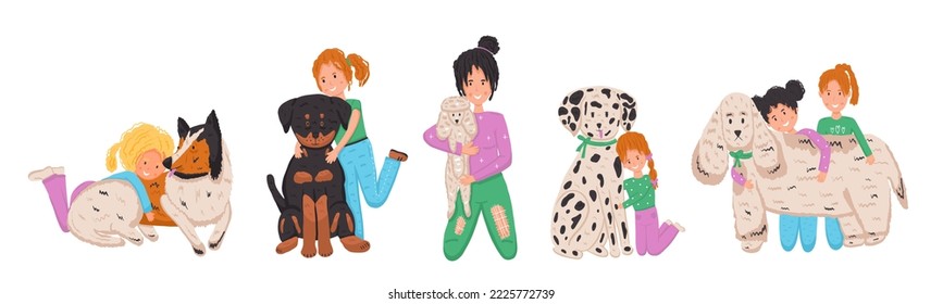 Set with people hugging dogs in cartoon style