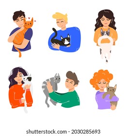 Set of people hugging their cats. Cartoon vector illustration. Men and women cuddling and caring about animals, owners holding furry pets on shoulders. Family, love, animal, pet concept for design