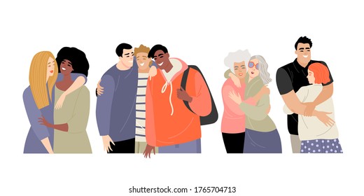 Set of people hugging their friends. Friendship concept on the example of men and women of different ages. Illustration in a flat style.