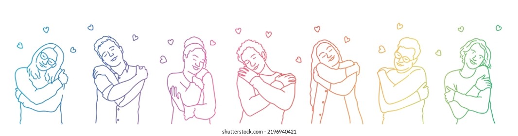 Set people hugging themselves and hearts white background  Rainbow gradient  Sketch vector illustration 