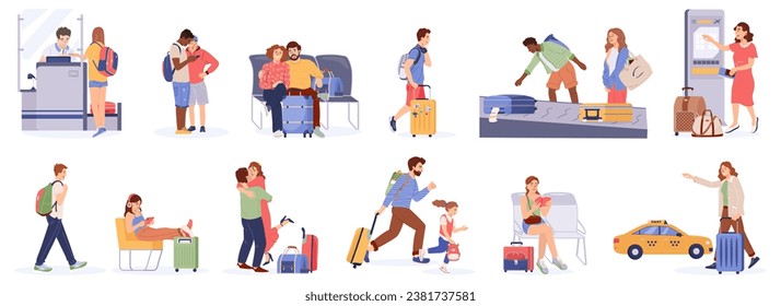 Set of people hurrying with suitcases navigating busy airports, stations Group of tourists with luggage arrival, departure Couple people with baggage traveling vacation Flat vector traveler characters