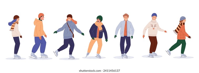 Set of people ice skating, winter sport activity, flat vector illustration isolated on white. Young men and women in warm clothes on holiday, weekend on ice rink, winter vacation, outdoor activity