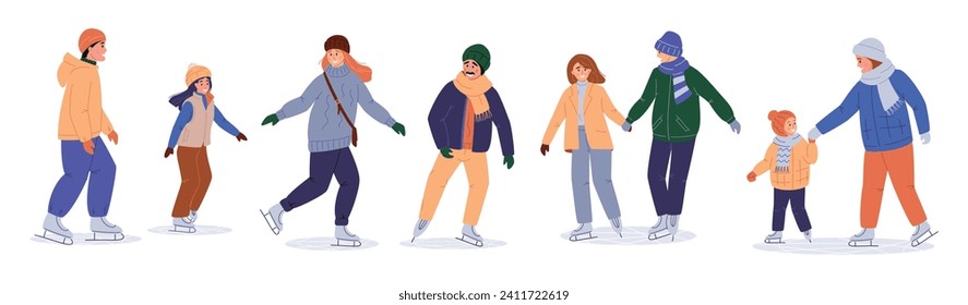 Set of people ice skating, winter sport activity, flat vector illustration isolated on white. Young men and women in warm clothes on holiday, weekend on ice rink, winter vacation, outdoor activity