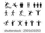 Set people icon, action pictogram black, stick figure human silhouettes, various man postures and movements, vector symbols.
