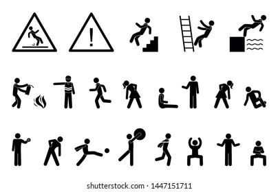 Set people icon, action pictogram black, stick figure human silhouettes, various man postures and movements, vector symbols. Human action poses. Factory worker, fire fighting.