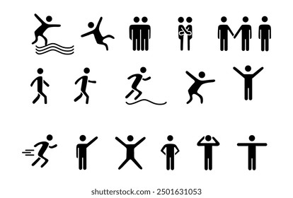 Set people icon, action pictogram black, stick figure human silhouettes, various man postures and movements, vector symbols.
