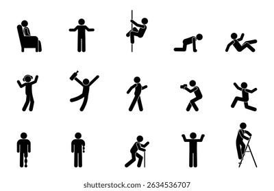 Set people icon, action pictogram black, stick figure human silhouettes, various man postures and movements, vector symbols