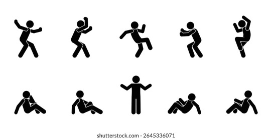 Definir ícone de pessoas, pictograma de ação preto, figura de vara silhuetas humanas, vários homens posturas e movimentos, símbolos vetoriais