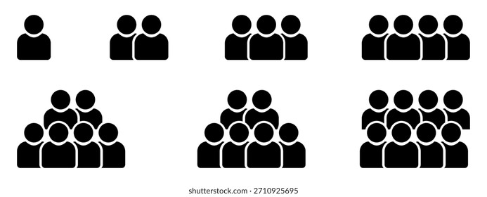 Conjunto de iconos de personas que representan el tamaño del grupo. Perfect se puede utilizar en la demografía, las redes sociales, el App, el Web y el concepto de equipo.