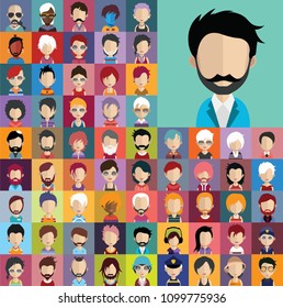 Set of people icons, avatars in flat style with faces. Vector women, men character