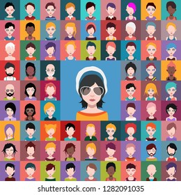 Set of people icons, avatars in flat style with faces. Vector women, men character
