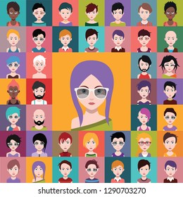 Set of people icons, avatars in flat style with faces. Vector women, men character 2