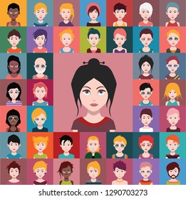 Set of people icons, avatars in flat style with faces. Vector women, men character