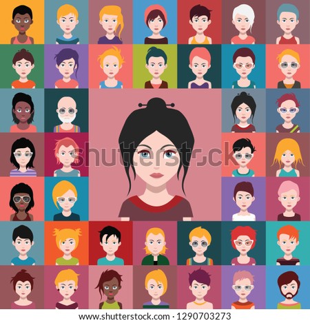 Set of people icons, avatars in flat style with faces. Vector women, men character