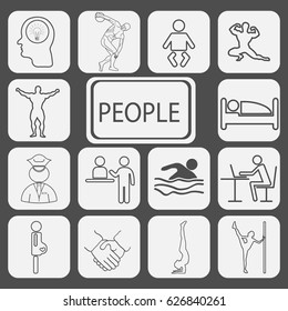 Set of people icons, Discobolus, athlete, kid, hotel, policeman, swimmer, programmer,  contract, handshake, pregnant, dancing