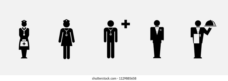 Set of people icons, doctors, businessman, waiter vector illustration icons symbols characters set, collection